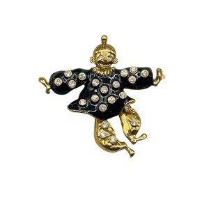Vintage Articulated Clown Pin Brooch Rhinestones And Black Enamel